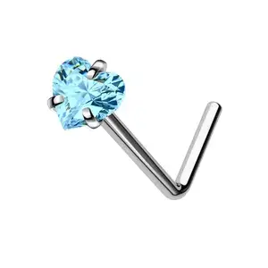 L shape nose stud with Blue heart Cubic Zirconia Gemstone