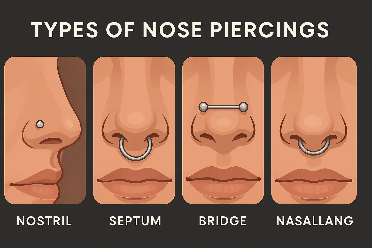 Different Types of Nose Piercings with Various Jewelry Options: Nostril, Septum, Bridge, etc.